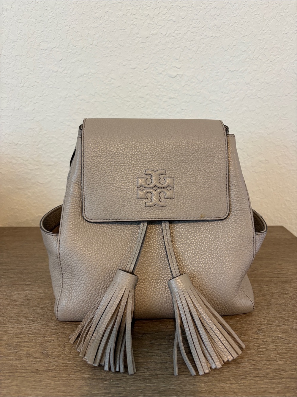 Tory Burch Taupe Pebbled Leather Backpack with Tassels
